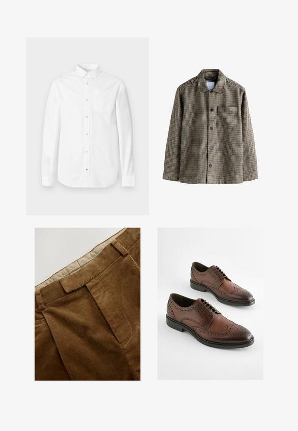 Braun und beige karierter Hemdjacke mit Kragen, Knopfleiste, langen Ärmeln und einer Brusttasche. Strukturiertes Gewebe mit klassischem Muster.; Weißes Langarmhemd aus Baumwolle. Verfügt über einen Button-Down-Kragen, eine Brusttasche und eine dezente Textur. Gerade Saumlinie mit Knopfverschlüssen.; Braune Cordhosen mit einer strukturierten Oberfläche, geradem Schnitt und angesteppten Vorderfalten. Der Bund ist mit einem helleren Stoff gefüttert.; Braune Leder-Derby-Schuhe mit einem Brogue-Design, spitzem Zeh und flacher Gummisohle. Aufwendige Perforationen entlang der Kanten.