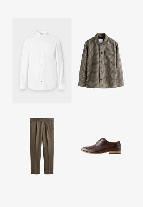 Braun und beige karierter Hemdjacke mit Kragen, Knopfleiste, langen Ärmeln und einer Brusttasche. Strukturiertes Gewebe mit klassischem Muster.; Weißes Langarmhemd aus Baumwolle. Verfügt über einen Button-Down-Kragen, eine Brusttasche und eine dezente Textur. Gerade Saumlinie mit Knopfverschlüssen.; Braune maßgeschneiderte Herrenhose mit vorderen Falten, Seitentaschen, Gürtelschlaufen und geradem Schnitt.; Dunkelbrauner Leder-Brogue-Herrenschuh mit Flügelspitzendetails, geschlossener Schnürung und heller Holzsohle, von der Außenseite gesehen.