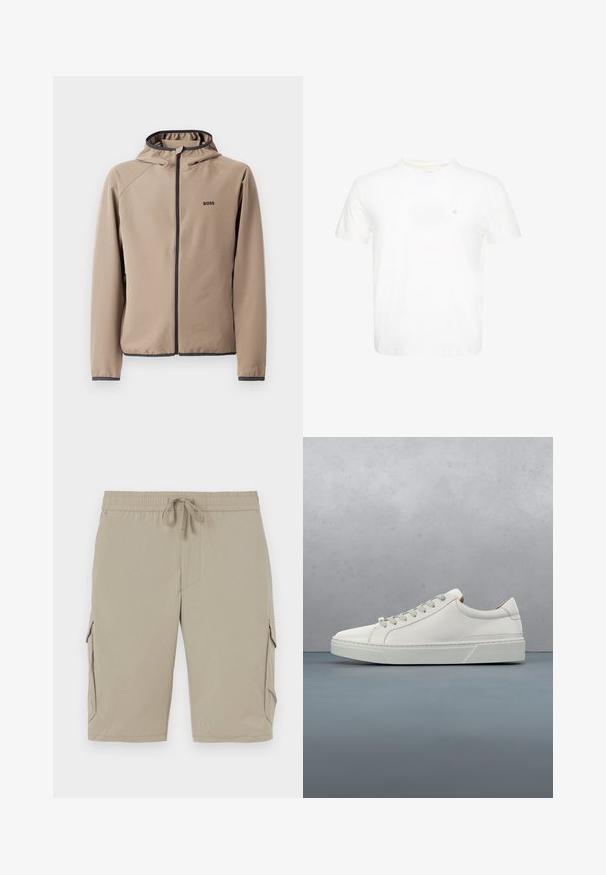Chaqueta beige con capucha y cierre frontal, detalles en negro y logotipo en el pecho. Fabricada en un tejido suave y elástico con un diseño ajustado.; Camiseta blanca de manga corta con cuello redondo y pequeño logo "ck" bordado en el pecho izquierdo.; Pantalones cortos cargo beige con cinturilla elástica y cordón. Cuentan con bolsillos laterales y una tela suave y ligera.; Zapatilla blanca de cuero con punta redondeada, diseño minimalista, cordones grises y suela de goma texturizada gris. Detalles de costura sutiles visibles.