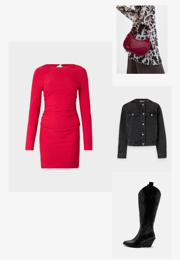 Veste en denim noire avec un col, une fermeture centrale à boutons, deux poches poitrine et des manches longues. Caractéristiques en métal argenté et un design court.; Robe longue rouge à manches longues avec une coupe cintrée, présentant des détails froncés à la taille et une ouverture en forme de clé au dos. Tissu au toucher doux.; Botte de cowboy en cuir noir avec bout pointu, talon bloc incliné, couture décorative et languettes en haut sur fond blanc.; Femme portant un chemisier à motif noir et blanc tenant un sac à main rouge brillant sur un fond uni.