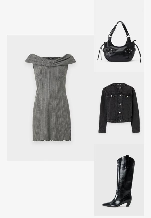 Sort denimjakke med krave, central knaplukning, to brystlommer og lange ærmer. Har sølvfarvet hardware og en cropped design.; Grå kjole med bare skuldre og vertikal ribbet tekstur, der har en bred, foldet halsudskæring og en bølget kant.; Sorte læderknæhøje støvler med spids tå, lav hæl og dekorative syninger på siderne. Glat, blank overflade.; Sort læderhåndtaske med en rund form, der har to sidelukninger, en glat tekstur og en kort skulderrem. Der er pynt i form af sidekæder.