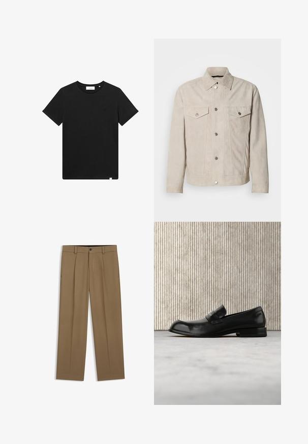 Chaqueta de ante beige con cierre de botones, dos bolsillos en el pecho y cuello clásico. Presenta botones de tono plateado y una textura suave.; Camiseta negra de manga corta, hecha de algodón, con cuello redondo y un pequeño logo bordado en el pecho. Textura suave, ajuste estándar.; Pantalones marrones de pierna recta con presillas para cinturón, botón en el frente y cierre de cremallera, mostrados planos sobre un fondo blanco.; Mocasín negro de cuero con detalle metálico, mostrado suspendido sobre una alfombra beige, con una mesa redonda de color ámbar en el fondo.