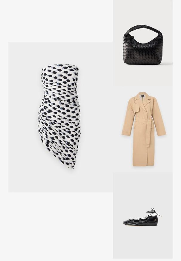 Beige trenchcoat met een reverskraag, lange mouwen, een strikceintuur in de taille en zijzakken. Soepele textuur met een minimalistisch design.; Strapless jurk met een witte basis en zwart en marineblauwe stippenpatronen, geplooid ontwerp en asymmetrische zoom voor een getailleerde silhouet.; Zwarte patenten ballerina's met uitsparingen en een vetersluiting. Heeft een ronde neus en decoratieve geperforeerde accenten.; Zwarte handtas van gevlochten leer met een gebogen handvat, voorzien van een ritssluiting en een gladde textuur. Compact ontwerp met een afgeronde vorm.