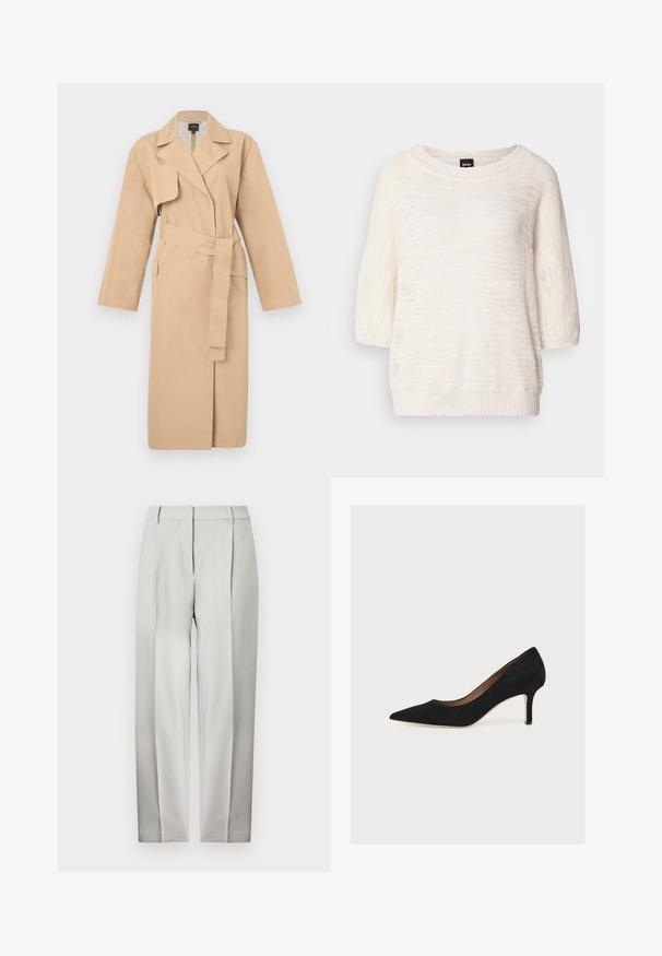 Beige trench coat with a lapel collar, long sleeves, belted waist, and side pockets. Smooth texture with a minimalistic design.; Valkoinen lyhythihainen neulepusero, jossa on pyöreä pääntie sekä resorit hihoissa ja helmassa. Kauluksessa musta BOSS-etiketti.; Vaaleanharmaat räätälöidyt housut suoralla leikkauksella, joissa on etutaskut, vyölenkit ja sileätekstuurinen kangas.; Musta mokkasiiniteräinen kärki, keskikorkea piikkikorko ja vaaleanruskea sisäpohja vaalealla taustalla.