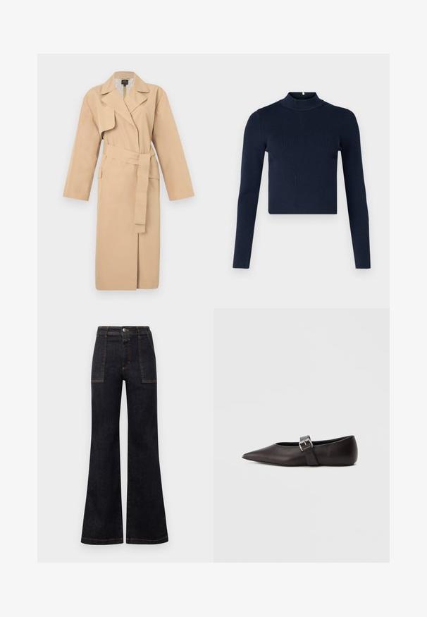 Beige trenchcoat met een reverskraag, lange mouwen, een strikceintuur in de taille en zijzakken. Soepele textuur met een minimalistisch design.; Navyblauw geribbelde langemouwen top met een hoge hals en een cropped ontwerp. Gemaakt van textuurstof met een minimalistische stijl.; Uitlopende donkerdenim jeans met een hoge taille, voorzien van oranje stiksels en twee voorkruizen. Gladde textuur, schone afwerking, klassiek ontwerp.; Zwarte leren platte schoen met een puntige neus, een smalle band en een metalen gesp aan de zijkant. Glad oppervlak met een minimalistisch ontwerp.