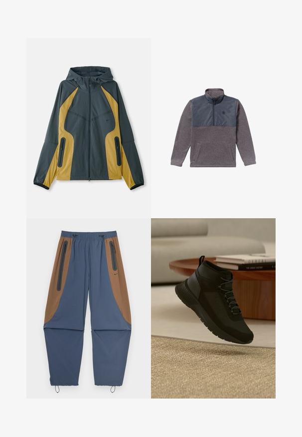 Grau und gelbe Kapuzenjacke mit Reißverschluss vorne, ausgestattet mit kontrastierenden Einsätzen, Reißverschlusstaschen und elastischen Bündchen. Glatte Textur.; Grauer Herren-Fleecepullover mit langen Ärmeln, marineblauem Nylon-Brustpaneel und Viertel-Reißverschluss am Kragen, mit zwei Fronttaschen.; Marineblaue und braune Sporthose mit elastischem Bund, seitlichen Reißverschlusstaschen und verstellbaren Kordeln an den Bündchen. Glatte Textur.; Schwarzer High-Top-Sneaker mit Schnürsenkeln, der über einem beigen Teppich schwebt, runder Holztisch mit gestapelten Büchern in einem hellen, modernen Wohnzimmer.
