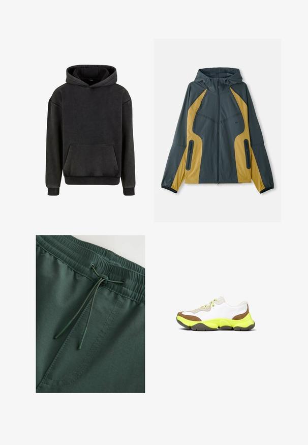 Grijze en gele gewatteerde jas met capuchon en een ritssluiting aan de voorkant, met contrasterende panelen, ritszakken en elastische manchetten. Gladde textuur.; Urban Classics Hoodie - magnet; Donkergroene sweatshorts met een elastische tailleband en trekkoord, zacht van textuur en met zichtbare stiksels. Eenvoudig, functioneel ontwerp.; Sneakers met een bovenwerk van wit leer, bruine suede accenten en een felgele rubberen zool. Voorzien van groene veters en een ronde vorm.