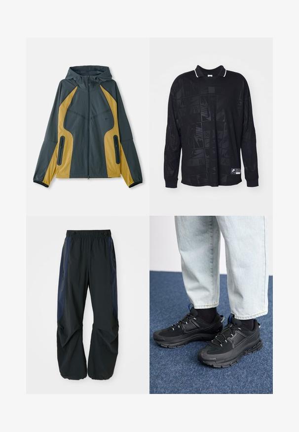 Grau und gelbe Kapuzenjacke mit Reißverschluss vorne, ausgestattet mit kontrastierenden Einsätzen, Reißverschlusstaschen und elastischen Bündchen. Glatte Textur.; Schwarzes Poloshirt mit langen Ärmeln, das ein strukturiertes Muster, einen kontrastierenden weißen Kragen und ein Nike-Logo auf der unteren linken Seite hat.; Schwarze Outdoor-Hosen mit lockerer Passform, ausgestattet mit einem elastischen Bund, marineblauen Seitenpaneelen und Reißverschlusstaschen auf beiden Seiten.; Schwarze Sportschuhe aus strukturiertem Stoff mit Gummisohlen, ausgestattet mit elastischen Schnürsenkeln und einem blauen Akzent an der Ferse. Getragen mit hellen Jeans.