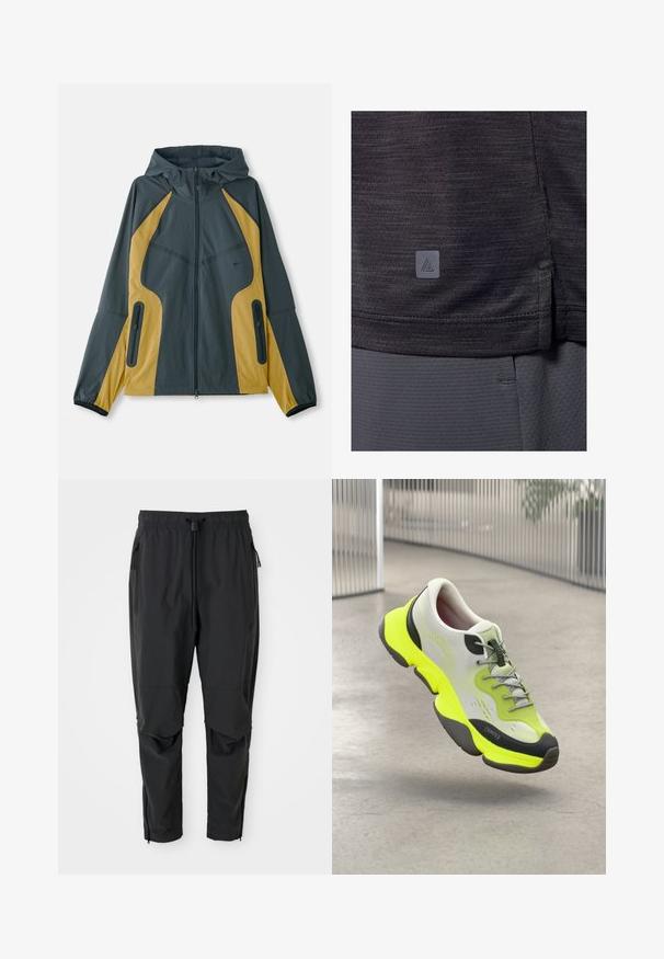 Chaqueta con capucha en gris y amarillo, con cierre de cremallera en la parte delantera, que presenta paneles en contraste, bolsillos con cremallera y puños elásticos. Textura suave.; Camiseta deportiva gris oscuro, hecha de tejido texturizado. Presenta una abertura lateral en el dobladillo y una pequeña etiqueta de logo en la esquina inferior izquierda.; Pantalones ligeros negros con cintura elástica, cordón ajustable, bolsillos laterales con cremallera, rodilleras articuladas y cremalleras en los tobillos.; Zapatilla deportiva blanca y amarilla neón con cordones grises flotando sobre un suelo de concreto pulido en un entorno interior moderno y metálico.