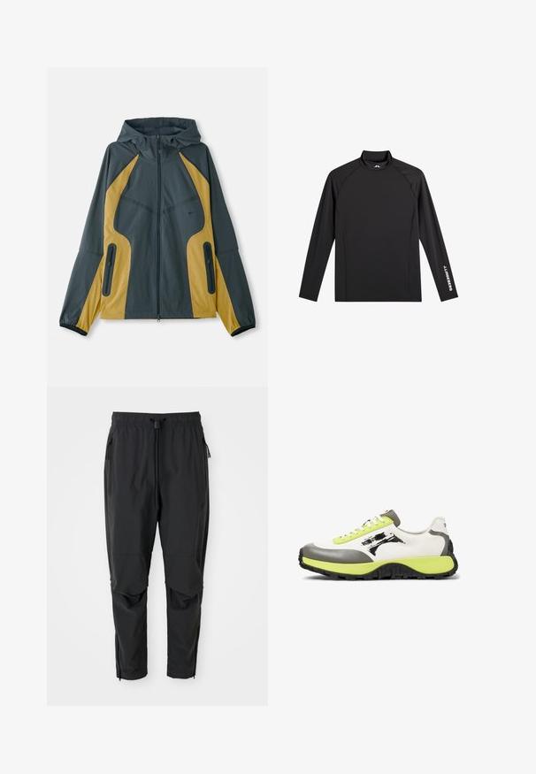 Chaqueta con capucha en gris y amarillo, con cierre de cremallera en la parte delantera, que presenta paneles en contraste, bolsillos con cremallera y puños elásticos. Textura suave.; Camiseta negra deportiva de manga larga con cuello alto falso, corte ajustado y logo blanco "J.Lindeberg" en la manga izquierda y el cuello.; Pantalones ligeros negros con cintura elástica, cordón ajustable, bolsillos laterales con cremallera, rodilleras articuladas y cremalleras en los tobillos.; Las zapatillas presentan una parte superior de lona blanca, acentos de goma gris, cordones de neón verde, un logo prominente y una suela negra texturizada para mayor agarre.