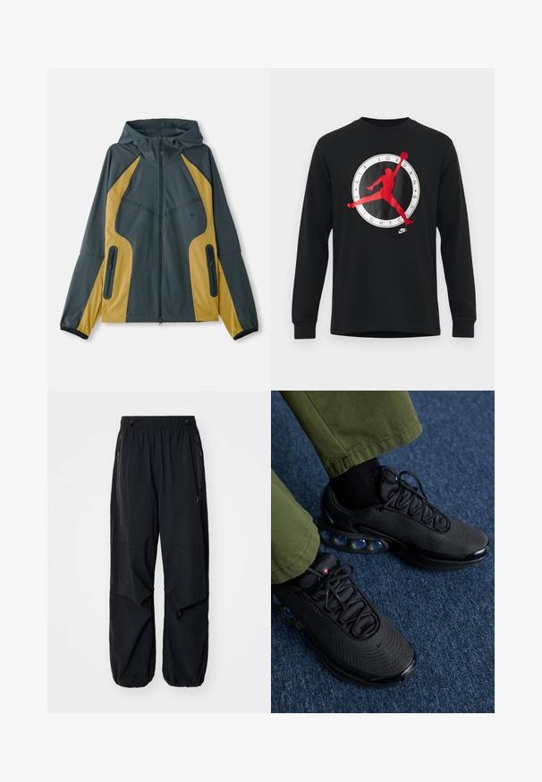 Grå og gul hættejakke med lynlås foran, der har kontrasterende paneler, lynlåslommer og elastiske manchetter. Glat tekstur.; Sort langærmet skjorte med et stort rødt og hvidt Air Jordan-logo, med en silhuet af en spiller, der dunker i midten.; Sorte letvægts cargo bukser med elastisk talje, sidelommer med lynlås og rummelige lommer. Har en løs pasform og tapered cuffs.; Sorte sportssko med mesh-overdel, tekstureret overflade og synlige luftpolstringselementer. Kombineret med olivengrønne bukser og sorte sokker.