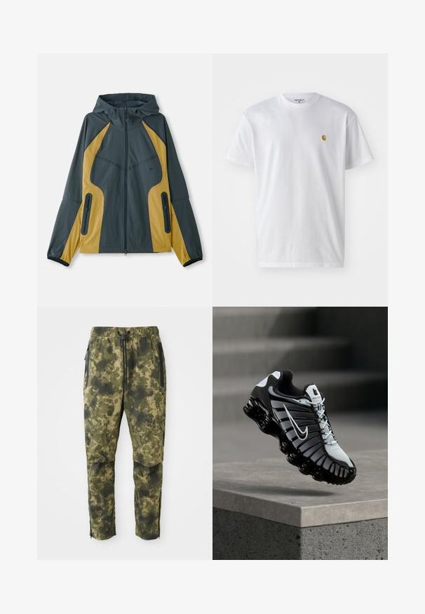 Grijze en gele gewatteerde jas met capuchon en een ritssluiting aan de voorkant, met contrasterende panelen, ritszakken en elastische manchetten. Gladde textuur.; Witte katoenen t-shirt met korte mouwen en ronde hals, voorzien van een klein gouden logo op de linkerkant van de borst. Zachte textuur en een normale pasvorm.; Camo broek in verschillende tinten groen met een digitaal patroon. Voorzien van een elastische tailleband, trekkoord en zijzakken met rits.; Zwart-witte Nike hardloopschoen zwevend boven een betonnen oppervlak met een achtergrond van getrapte stenen.