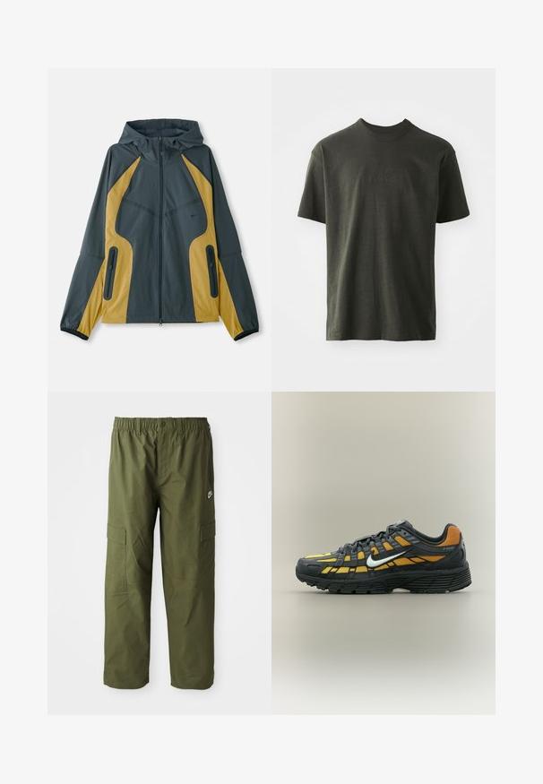 Grau und gelbe Kapuzenjacke mit Reißverschluss vorne, ausgestattet mit kontrastierenden Einsätzen, Reißverschlusstaschen und elastischen Bündchen. Glatte Textur.; Dunkelgrünes T-Shirt aus weichem Stoff, mit Rundhalsausschnitt und kurzen Ärmeln. Gesticktes "nike"-Logo in einem etwas dunkleren Grün.; Nike Cargo-Hosen in dunkelolivgrün, ausgestattet mit einem elastischen Bündchen, zwei Seitentaschen und einem glatten, leichten Stoff.; Schwarzer und gelber Nike P-6000 Sneaker mit weißem Swoosh, schwarzer Sohle und Obermaterial aus Mesh, seitliche Ansicht vor einfachem Hintergrund.