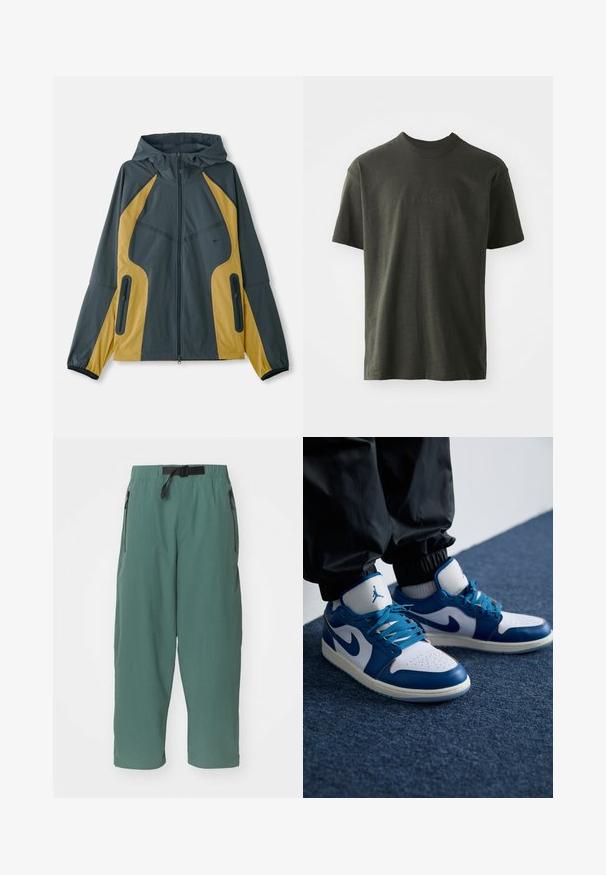 Grau und gelbe Kapuzenjacke mit Reißverschluss vorne, ausgestattet mit kontrastierenden Einsätzen, Reißverschlusstaschen und elastischen Bündchen. Glatte Textur.; Dunkelgrünes T-Shirt aus weichem Stoff, mit Rundhalsausschnitt und kurzen Ärmeln. Gesticktes "nike"-Logo in einem etwas dunkleren Grün.; Grüne, leichte Hose mit lockerer Passform. Verfügt über einen verstellbaren Bund und zwei seitliche Reißverschlusstaschen. Glatte Textur, cropped Länge.; Die Nike Air Jordan Sneakers verfügen über eine weiße Lederbasis mit blauen synthetischen Akzenten, einer perforierten Zehenbox und blauen Schnürsenkeln.