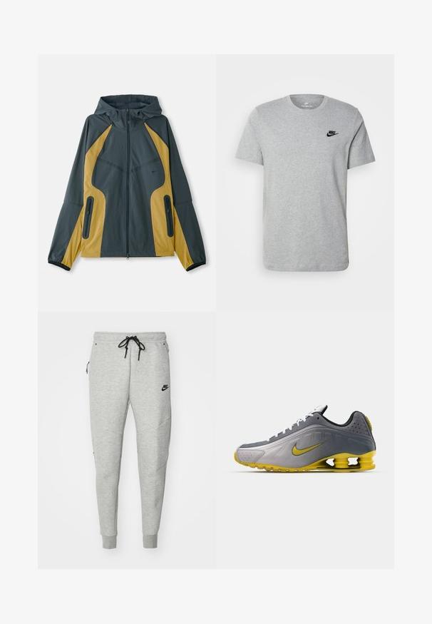 Grau und gelbe Kapuzenjacke mit Reißverschluss vorne, ausgestattet mit kontrastierenden Einsätzen, Reißverschlusstaschen und elastischen Bündchen. Glatte Textur.; Graues T-Shirt mit kurzen Ärmeln aus Baumwolle, mit einem schwarzen Nike-Logo auf der Brust und einem runden Ausschnitt. Minimalistisches Design ohne Muster.; Graue Sweatpants mit glatter Textur, elastischem Bund, verstellbarem schwarzem Kordelzug, zwei seitlichen Taschen und einem kleinen schwarzen Logo.; Nike Sportswear SHOX R4 SE UNISEX - Sneaker low - vast grey/bright citron/light graphite/smoke grey/white/black