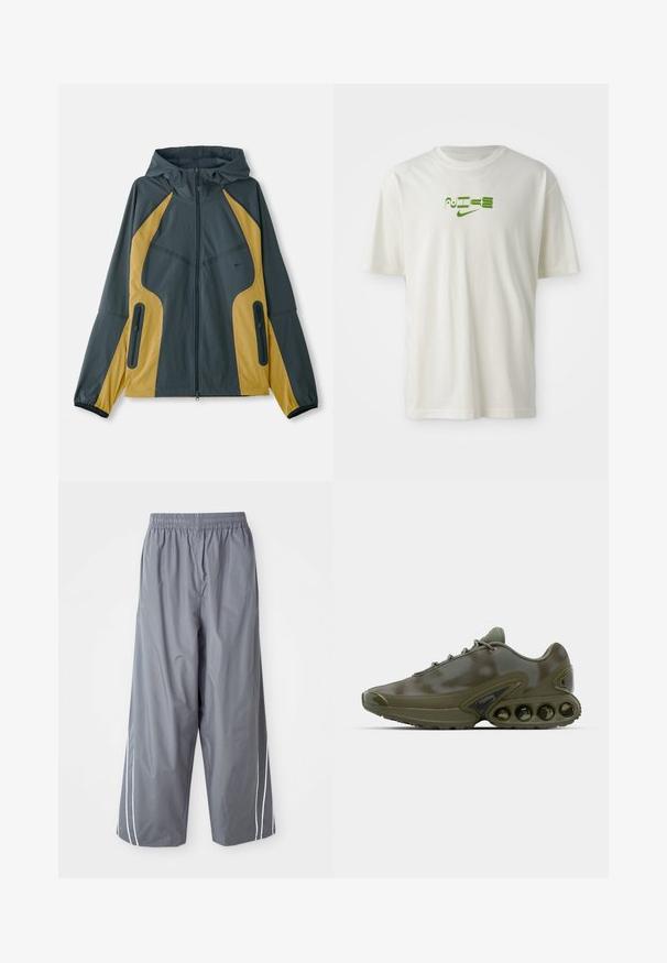 Grau und gelbe Kapuzenjacke mit Reißverschluss vorne, ausgestattet mit kontrastierenden Einsätzen, Reißverschlusstaschen und elastischen Bündchen. Glatte Textur.; Weißes Baumwoll-T-Shirt mit grünem Grafikdruck, auf dem das Wort "NIKE" und das Logo zu sehen sind. Kurzärmelig und mit Rundhalsausschnitt. Glatte Textur.; Graue, leichte, synthetische weit geschnittene Hosen mit elastischem Bund und weißen Seitenstreifen. Glatte Textur mit einem lässigen Design.; Dunkelgrüner Sportschuh mit einer strukturierten Oberseite, Schnürverschluss und einer auffälligen Sohle, die sechs sichtbare Luftpolsterungseinheiten aufweist.