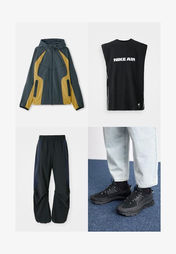 Grau und gelbe Kapuzenjacke mit Reißverschluss vorne, ausgestattet mit kontrastierenden Einsätzen, Reißverschlusstaschen und elastischen Bündchen. Glatte Textur.; Schwarzes ärmelloses Nike Air Shirt mit weißem Logo-Text, der zentriert auf der Brust platziert ist, und einem kleinen schwarzen Nike Air Tag am unteren Saum.; Schwarze Outdoor-Hosen mit lockerer Passform, ausgestattet mit einem elastischen Bund, marineblauen Seitenpaneelen und Reißverschlusstaschen auf beiden Seiten.; Schwarze Sportschuhe aus strukturiertem Stoff mit Gummisohlen, ausgestattet mit elastischen Schnürsenkeln und einem blauen Akzent an der Ferse. Getragen mit hellen Jeans.