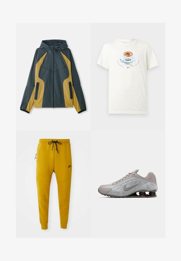 Grå og gul hættejakke med lynlås foran, der har kontrasterende paneler, lynlåslommer og elastiske manchetter. Glat tekstur.; Hvid T-shirt med grafik af en kaffekop mærket "Café Swoosh," ske på underkop, og Nike-logoer med teksten "Crafted for the sole" og "Nike sportswear."; Sennepsgule Nike joggebukser med sort snor, lynlåslomme i siden, ribstrikkede manchetter og Nike-logo på venstre lår.; Nike løbesko i lysegrå med en glat tekstur, buet design og synlige støddæmpningsfjeder i mørkebrun ved hælen.