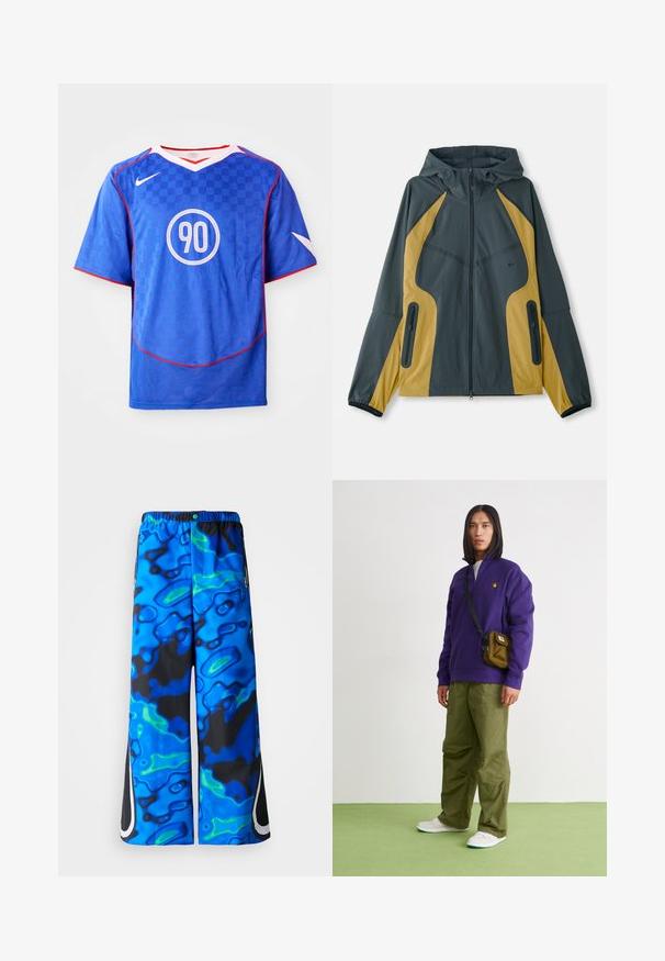 Grå og gul hættejakke med lynlås foran, der har kontrasterende paneler, lynlåslommer og elastiske manchetter. Glat tekstur.; Blå Nike fodboldtrøje med ternet mønster, korte ærmer, v-hals design, hvide accenter og et centralt cirkulært "90" grafik.; Blå og sorte bukser med abstrakt mønster og bred benvidde, elaskisk talje samt lynlåslommer i siden på en ensfarvet baggrund.; Jordan AIR JORDAN 1 ZM CMFT 2 - Sneakers high - summit white/bicoastal/oxidized green