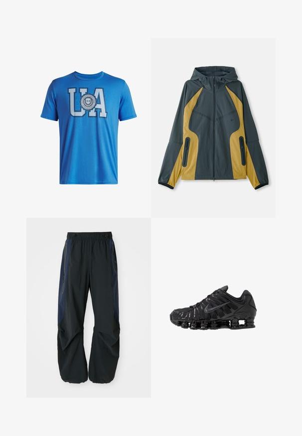 Grå og gul hættejakke med lynlås foran, der har kontrasterende paneler, lynlåslommer og elastiske manchetter. Glat tekstur.; Blå bomulds t-shirt med store "UA" bogstaver og et cirkulært mærke design nedenunder. Korte ærmer og rund halsudskæring. Glat tekstur.; Sorte udendørsbukser med en afslappet pasform, udstyret med elastisk talje, marineblå sidepaneler og lynlåslommer på begge sider.; Sorte atletikskoser lavet af mesh og syntetiske materialer, med et karakteristisk bølget design, sort gummisål og reflekterende detaljer.