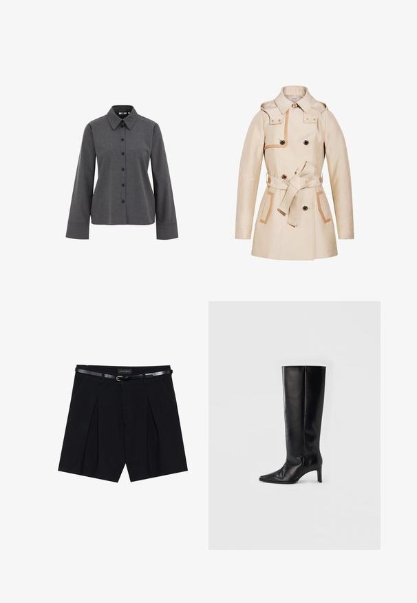 Beige dubbelgeknoopte trenchcoat met brede kraag, bijpassende riem gestrikt in de taille, zwarte knopen en tankleurige afwerking op de zakken en schouderklep.; WE Fashion Overhemdblouse - grey; Zwarte op maat gemaakte shorts met plooien, voorzien van een slanke zwarte riem met een gouden gesp. Gemaakt van een soepele stof, die een verfijnde uitstraling biedt.; Zwarte kniehoge laarzen gemaakt van glad leer, met een puntige neus en een slanke hak, een nauwsluitende schacht en een minimalistisch ontwerp.