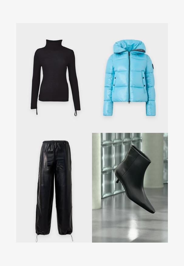 Veste matelassée bleu clair avec fermeture éclair à l'avant, col rembourré haut, poches latérales à boutons et un patch logo sur la manche gauche.; Chemise noire à manches longues, col roulé, coupe slim, texture côtelée, avec des cordons de serrage réglables à l'ourlet pour une longueur personnalisable.; Pantalons larges en simili cuir noir avec une taille élastique et des cordons de serrage réglables aux chevilles, comportant des détails de couture subtils.; Bottine en cuir noir à bout pointu et petit talon kitten, présentée en angle devant un sol poli et un mur en blocs de verre.