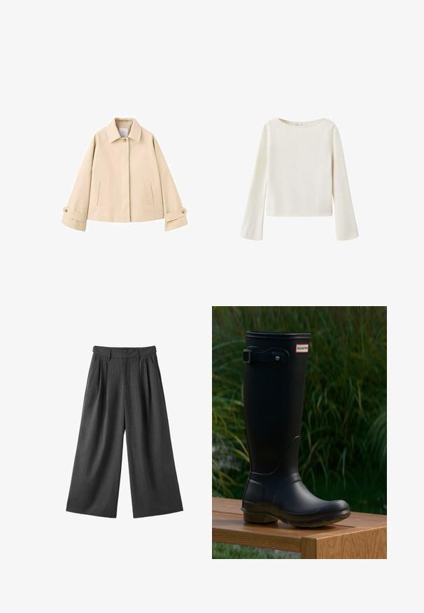 Beige cropped jas met brede mouwen, een enkele zichtbare knoop bij de kraag, twee voorzakken met een verticale opening en knoopmanchetten.; Off-white trui met lange mouwen, brede ronde halslijn en licht uitlopende mouwen, gemaakt van zachte gebreide stof.; Donkergrijze, wijd uitlopende broek met subtiele verticale krijtstrepen, riemlussen, plooien aan de voorkant en zijzakken, weergegeven op een witte achtergrond.; Zwarte rubberen laars met een ronde neus en een gestructureerde zool. Voorzien van een gespdetail en een merketiket aan de bovenkant. Glad oppervlak en hoge ontwerp.