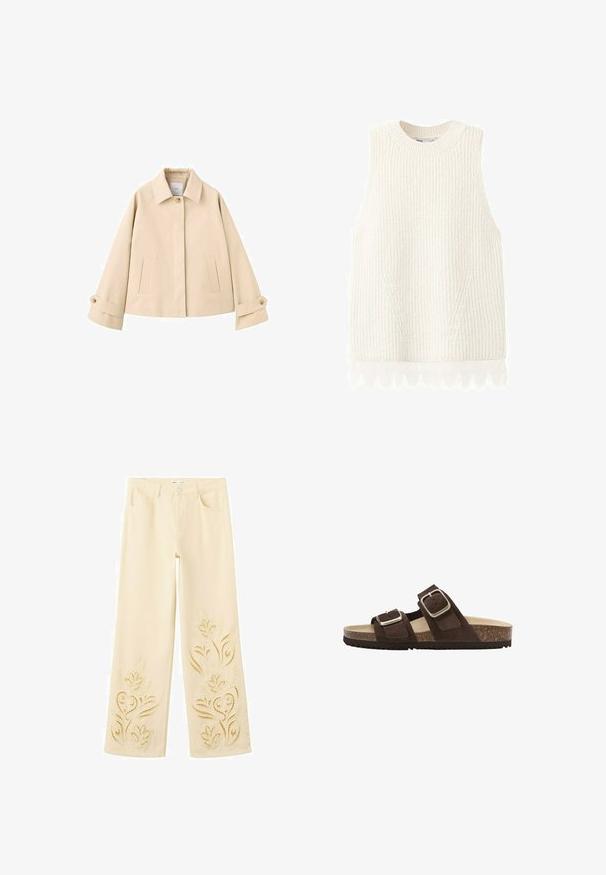 Veste courte beige à manches larges, avec un seul bouton visible au col, deux poches fendues sur le devant et des poignets boutonnés.; Gilet sans manches en maille blanche avec une texture côtelée et une délicate bordure en dentelle à l'ourlet.; Pantalon large crème avec broderie florale ajourée sur le bas des jambes et les poches avant.; Sandale slide en daim marron avec deux boucles argentées ajustables, semelle intérieure en liège et semelle noire texturée sur fond blanc.