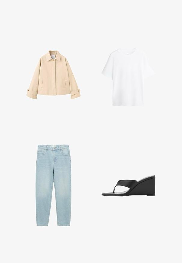 Beige cropped jas met brede mouwen, een enkele zichtbare knoop bij de kraag, twee voorzakken met een verticale opening en knoopmanchetten.; Effen wit T-shirt met korte mouwen en een ronde hals, met een losse pasvorm, getoond tegen een witte achtergrond.; Lichtblauwe denim jeans met een recht model, vijf-pocket ontwerp, knopen sluiting aan de voorkant en een licht vervaagde textuur.; Zwarte sleehak met een brede band en teenstokje, voorzien van een hoge hak en open teen ontwerp.
