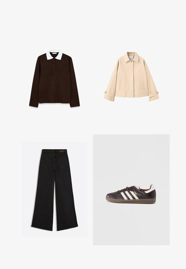 Beige cropped jas met brede mouwen, een enkele zichtbare knoop bij de kraag, twee voorzakken met een verticale opening en knoopmanchetten.; Langsleeve polo shirt in donkerbruin stof met een witte, gestructureerde kraag en een drie-knops stolp. Glad, comfortabel materiaal.; Zwarte denim jeans met wijde pijpen, gezien van achteren met twee achterzakken en riemlussen op de tailleband.; Donkerbruine leren sneakers met een wit drie-strepen ontwerp, een rubberen zool en "Samba" in gouden letters aan de zijkant. Klassieke lage schoenvorm.