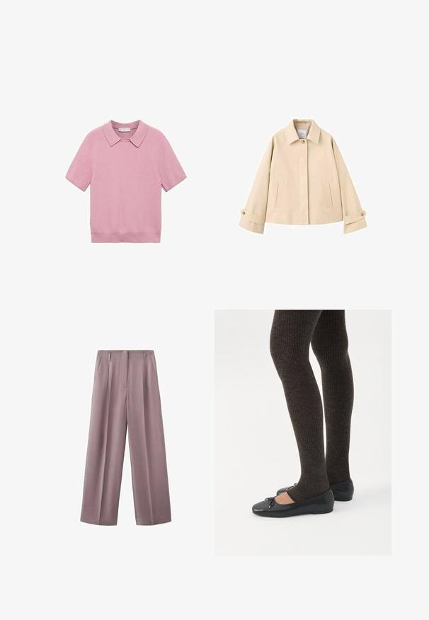 Beige cropped jas met brede mouwen, een enkele zichtbare knoop bij de kraag, twee voorzakken met een verticale opening en knoopmanchetten.; Roze kortekarm gebreid topje met een ribbelstructuur, voorzien van een klassieke kraag en een rechte snit. Zachte stof met een gladde afwerking.; Mauve wijde broek met hoge taille, met plooien, voorzakken, lussen voor een riem en een verborgen sluiting aan de voorkant.; Benen met donkere geribbelde leggings gecombineerd met zwarte ballerina's met kleine strikdetails op een witte achtergrond.