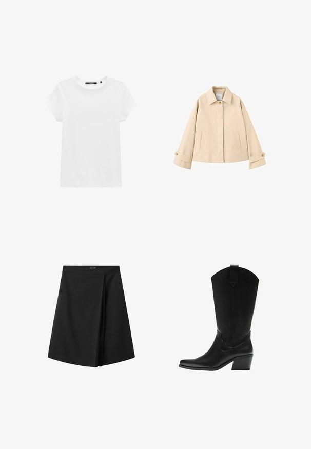 Beige cropped jas met brede mouwen, een enkele zichtbare knoop bij de kraag, twee voorzakken met een verticale opening en knoopmanchetten.; Witte katoenen t-shirt met een ronde hals, korte mouwen en een soepele textuur. Geen patronen of versieringen. Standaard pasvorm, casual ontwerp.; Zwarte rok tot op de knie met een rechte tailleband en een overlappend plooidetail aan de voorkant, afgebeeld op een witte achtergrond.; Zwarte leren westernlaars tot halverwege de kuit met een puntige neus en gestapelde blokhak, voorzien van een aantreklus en subtiele decoratieve stiksels.