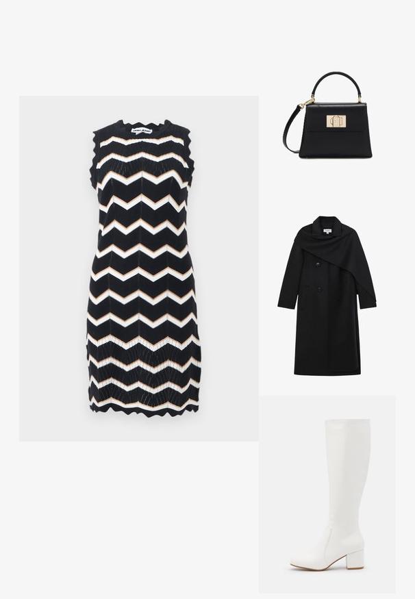 Sort lang uldfrakke med asymmetrisk kappe, snitkrave, to-knaps lukning og sidelommer.; Ærmeløs sort strikket kjole med hvide og beige zigzag-striber, bølgede kanter og DKNY Jeans-mærke ved nakken.; Hvide knæhøje støvler med en glat, blank finish. Firkantet blokhæl og diskret syningsdetalje langs siden.; Sort læderhåndtaske med tophåndtag, aftagelig skulderrem og gyldent rektangulært spænde på den forreste klap.