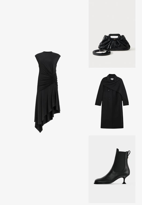 Zwarte lange wollen jas met asymmetrische cape overlay, ingeknikte kraag, dubbele knopen aan de voorkant en zijzakken.; Zwarte mouwloze jurk met geplooide details aan de zijkant, voorzien van een asymmetrische zoom die elegant valt. Zachte stofstructuur.; Zwarte leren enkellaars met spitse neus, elastische zijpanelen en een smalle, uitgewaaierde kittenhak op een effen lichte achtergrond.; Kleine zwarte leren handtas met geplooide textuur, rechthoekige handgreep en afneembare dunne schouderriem ernaast geplaatst.