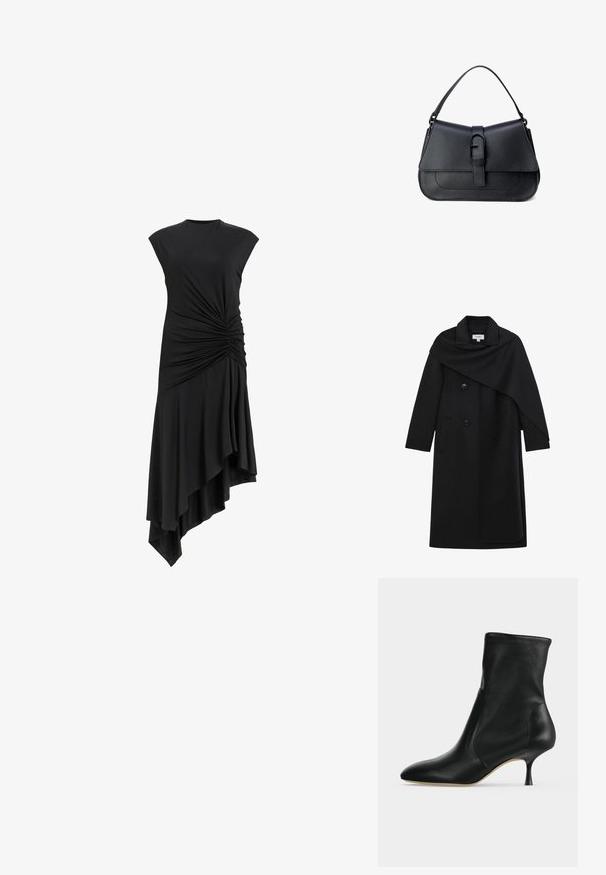 Sort lang uldfrakke med asymmetrisk kappe, snitkrave, to-knaps lukning og sidelommer.; Sort ærmeløs kjole med samlet detalje på siden, der har en asymmetrisk nederdel, som draperer elegant. Blød stofstruktur.; Sort læderankelstøvle med spids tå og slank mellemhøj hæl, vist i profil på en lys baggrund.; Sort læderhandtaske med en struktureret design, glat tekstur, justerbar skulderrem og en frontklap med kliklåsdetalje.
