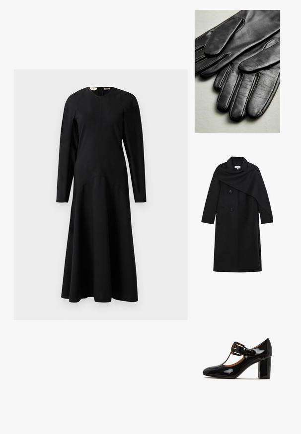 Manteau long en laine noire avec superposition de cape asymétrique, col cranté, devant à deux boutons et poches latérales.; Robe midi noire à manches longues avec un haut ajusté et une jupe évasée, dotée d'un col rond et d'une fermeture éclair au dos.; Chaussure à talon haut en cuir verni noir avec un bout rond, un design à lanière T, et un accent de boucle en écaille sur le dessus. Talon large.; Gants en cuir noir au toucher lisse, dotés de coutures le long des doigts et d'un design ajusté. Matériau doux et souple pour le confort.