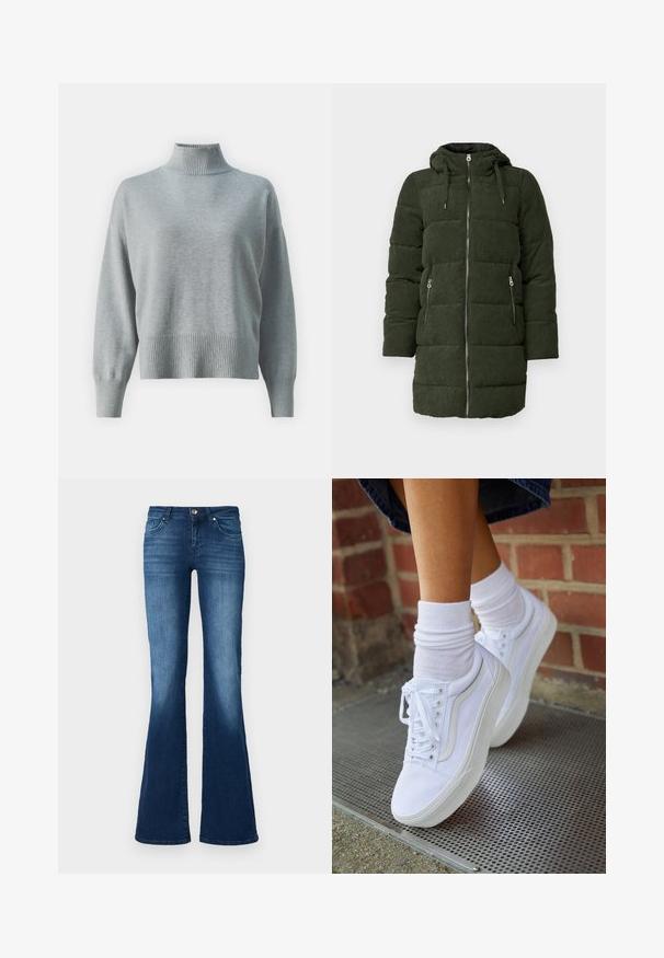 Veste matelassée en velours côtelé vert avec capuche, présentant une fermeture éclair frontale complète, deux poches latérales et une texture matelassée.; Sweater en tricot gris clair avec un col côtelé haut, une coupe décontractée, des manches allongées et un ourlet côtelé. Texture douce et design minimaliste.; ONLY Tall Flared fit ONLTIGER Low waist Wide Leg - Jean flare - dark blue denim; Baskets en toile blanches avec semelles en caoutchouc, dotées de six œillets, d'un bout rond et de détails de couture légers, portées avec des chaussettes blanches mi-mollet.