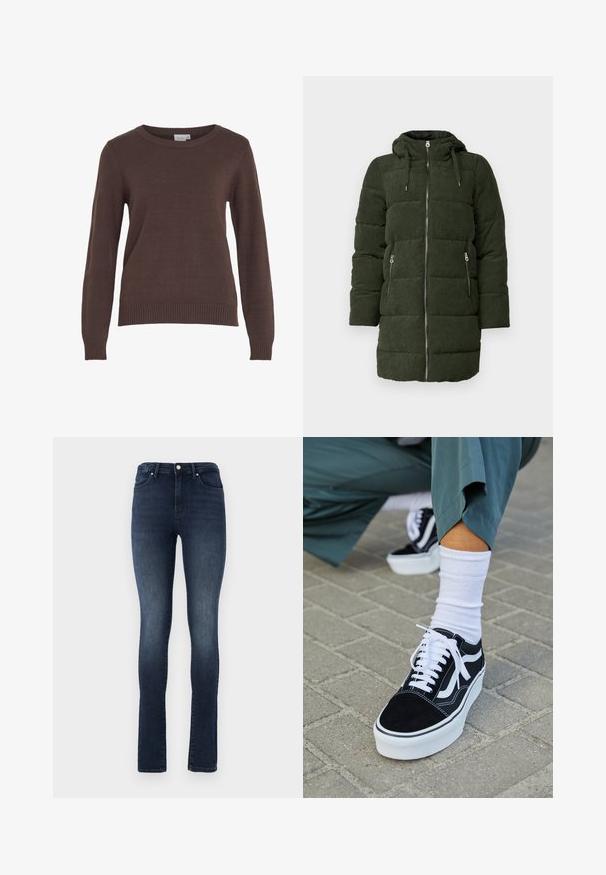 Grønne fløjlspufferjakke med hætte, der har fuld frontlynlås, to sidelommer og quiltet tekstur.; VILA VIRIL O-NECK L/S KNIT TOP - NOOS - Striktrøje - coffee bean; Mørk vaske denimjeans med slim fit, høj talje, fem lomme-design og metalknaplukning. Glat tekstur med let fading.; Sorte ruskinds sneakers med hvide accenter og snørebånd, der har en tyk hvid sål og kontrasterende syninger, parret med en hvid sok.