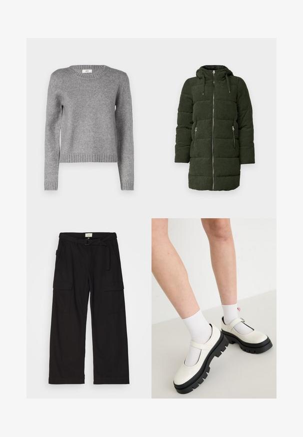 Veste matelassée en velours côtelé vert avec capuche, présentant une fermeture éclair frontale complète, deux poches latérales et une texture matelassée.; Pull en tricot gris avec un col rond et des manches longues. Présente un ourlet et des poignets côtelés ; texture douce, parfaite pour le superposition.; Pantalons cargo noirs en coton, avec des jambes larges, de multiples poches, une taille avec une ceinture et des détails de couture subtils.; Des chaussures Mary Jane en cuir verni blanc avec une semelle noire épaisse, comportant une sangle sur le cou-de-pied et portées avec des chaussettes blanches.