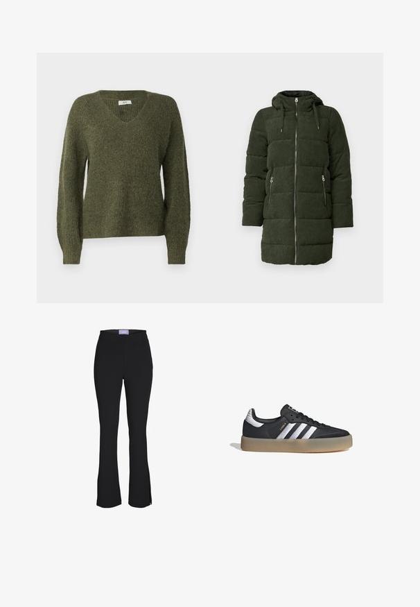 Chaqueta de plumas de pana verde con capucha, que cuenta con un cierre frontal completo, dos bolsillos laterales y textura acolchada.; JDY JDYINGEBORG ADA LIFE V NECK - Jersey de punto - winter moss; Pantalones acampanados negros de cintura alta con pequeñas aberturas laterales en la parte inferior y una etiqueta púrpura en la cinturilla.; Zapatilla deportiva de cuero negro con tres rayas plateadas, punta texturizada y suela de goma. Cuenta con un collar acolchado y un diseño con cordones.