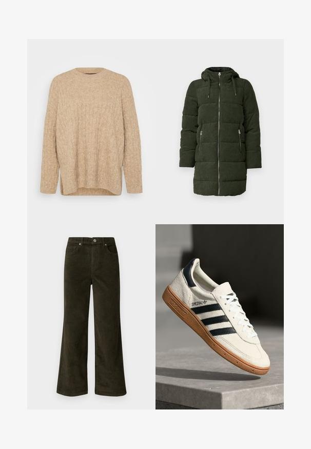 Veste matelassée en velours côtelé vert avec capuche, présentant une fermeture éclair frontale complète, deux poches latérales et une texture matelassée.; Pull en tricot beige avec un design en câble texturé, col rond et manches longues. Présente des fentes latérales et une coupe décontractée. Matière douce.; Vero Moda Petite VMTESSA PANTS - Pantalon classique - forest night; Baskets en daim blanc avec des bandes navy, semelle en caoutchouc gomme, tige texturée, bout rond et lacets ; arbore un logo sur le côté et sur la languette.
