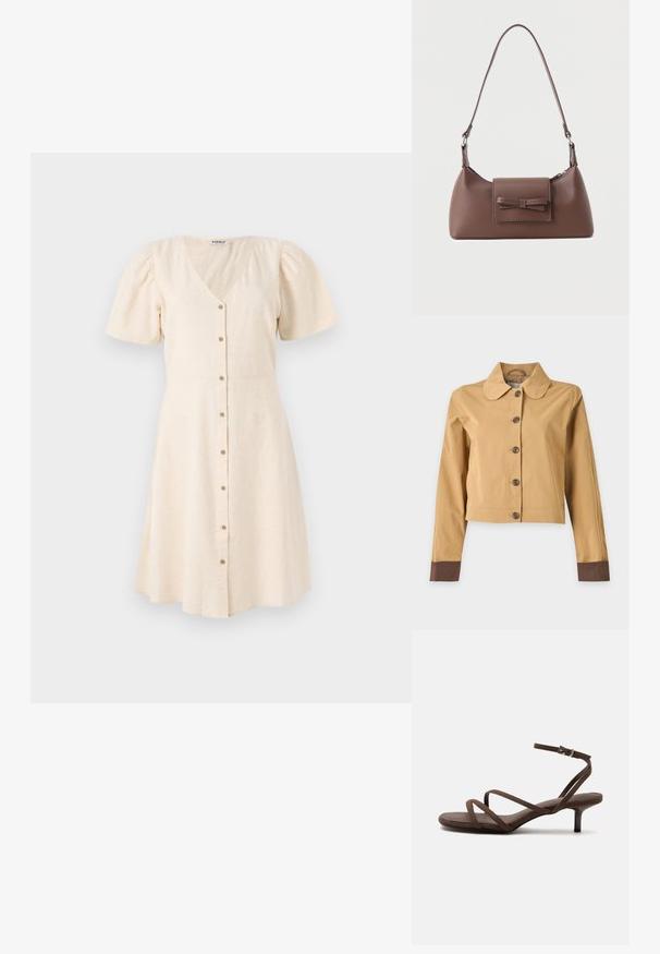 Lysebrun cropped jakke med mørkebrune knapper og mørkebrune manchetter på lange ærmer.; Lys beige kjole med V-udskæring, korte pufærmer og en udskåret nederdel. Har frontknapper og et blødt, tekstureret stof.; Brun højhælet sandal med tynde krydsede stropper og en ankelrem med en sølvspænde på en hvid baggrund.; Brun skuldertaske i læder med en frontlomme med klap, der har en sydd sløjfedetalje, og en justerbar rem.