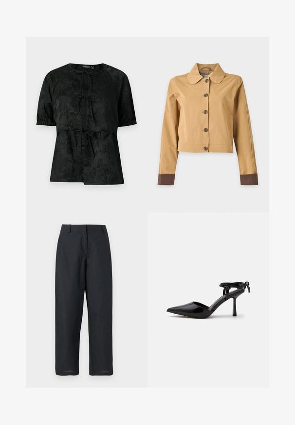 Lysebrun cropped jakke med mørkebrune knapper og mørkebrune manchetter på lange ærmer.; Sort kortærmet bluse med subtilt blomster-jacquardmønster, tre frontlukkemekanismer med snøring og elastiske ærmekanter.; Sorte bukser med lige ben, bæltestropper, lynlås foran og sidelommer, vist på hvid baggrund.; Sort laklæder højhælet sko med spids tå og ankrem bundet i en knude bagpå, vist på en ensartet hvid baggrund.