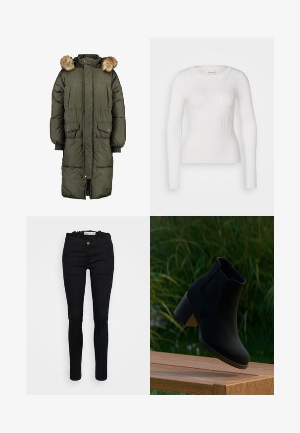 Olivengrøn pufferjakke med hætte og faux fur trim, der har to frontlommer og et quiltet mønster. Lukning med knapper og lynlås.; Hvid langærmet ribbet top med en rund halsudskæring. Stoffet er glat og har en subtil tekstur samt en tætsiddende design. Ingen synlige detaljer eller mønstre.; Sorte jeans med et tætsiddende design, der har en samlet talje, fem lommer og en knaplukning. Glat denimtekstur, slankt benform.; Sort ankelstøvle med blokhæle svævende over en træbænk, med grønt græs i baggrunden.
