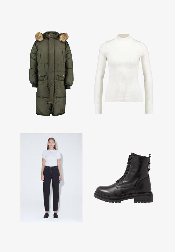 Manteau matelassé vert olive avec capuche et bordure en fausse fourrure, doté de deux poches avant et d'un motif matelassé. Fermeture éclair et boutons.; Haut à col roulé long à manches longues en blanc côtelé, au design ajusté et à la texture lisse, avec un col haut et une silhouette élancée.; Jeune femme aux cheveux raides porte un haut blanc à manches courtes, un jean noir taille haute, des chaussures noires sans lacets et un collier pendentif, debout.; Bottine en cuir noir avec bout arrondi, devant à lacets et semelle en caoutchouc texturé. Comprend une languette au dos et des coutures renforcées.