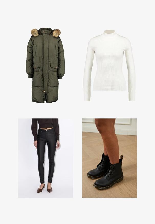 Olivgrüner Daunenmantel mit Kapuze und Kunstfellbesatz, zwei Fronttaschen und einem gesteppten Muster. Mit Knöpfen und Reißverschluss zu schließen.; Gestreiftes, weißes Langarm-Turtleneck-Oberteil mit tailliertem Design und glatter Textur, das einen hohen Kragen und eine schmale Silhouette aufweist.; Frau trägt schwarze, hoch taillierte Skinny-Hosen, ein kurz geschnittenes dunkelbraunes Hemd mit Knöpfen und braune spitze Schuhe mit Absatz.; Schwarze Leder-Stiefeletten mit Reißverschluss und Schnürdesign, ausgestattet mit gelben Nähten und einer dicken, strukturierten Sohle.