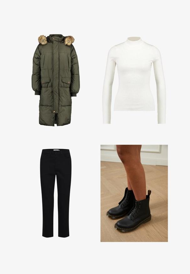 Olivengrøn pufferjakke med hætte og faux fur trim, der har to frontlommer og et quiltet mønster. Lukning med knapper og lynlås.; Ribbet hvid langærmet turtleneck-bluse med en tætsiddende pasform og glat tekstur, der har en høj hals og slank silhuet.; Sorte bomuldsbukser designet med lige pasform. Har fem lommer og en frontknaplukning. Glat tekstur, minimale syninger.; Sorte læder ankelstøvler med lynlås og snøredesign, der har gule stikninger og en tyk, struktureret sål.