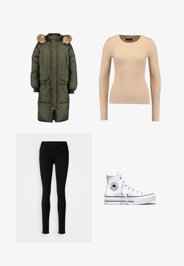 Manteau matelassé vert olive avec capuche et bordure en fausse fourrure, doté de deux poches avant et d'un motif matelassé. Fermeture éclair et boutons.; Pull long à manches longues en beige clair, fabriqué dans un tissu extensible. Présente un col rond et une silhouette ajustée avec des poignets resserrés.; Pantalons slim fit noirs avec fermeture à bouton, passants de ceinture et poches avant, présentés sur un fond clair et uni.; Baskets blanches montantes Converse Chuck Taylor All Star avec des rayures noires et un patch logo sur le côté, présentées sur un fond blanc uni.