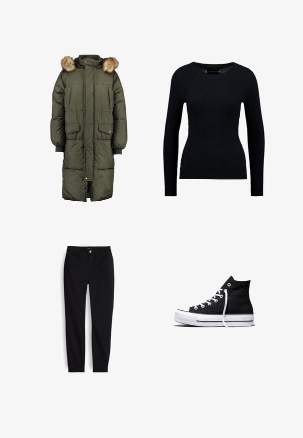 Manteau matelassé vert olive avec capuche et bordure en fausse fourrure, doté de deux poches avant et d'un motif matelassé. Fermeture éclair et boutons.; Pull noir à manches longues côtelé avec un col rond et une silhouette ajustée. La texture est lisse avec un léger étirement partout.; Jean noir ajusté avec fermeture avant à boutons et zip, cinq poches, et passants pour ceinture, présenté à plat sur un fond blanc.; Baskets montantes en toile noire avec semelle en caoutchouc blanche et lacets blancs, vues de côté sur un fond blanc.