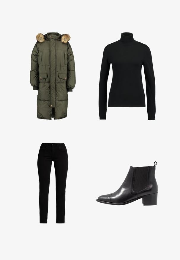 Manteau matelassé vert olive avec capuche et bordure en fausse fourrure, doté de deux poches avant et d'un motif matelassé. Fermeture éclair et boutons.; Pull à col roulant noir en tissu tricoté lisse. Dispose de manches longues et d'une coupe ajustée, avec des accents côtelés au niveau du col et de l'ourlet.; Jeans skinny noirs en denim, avec un design classique à cinq poches, un zip et des coutures contrastées.; Botte de cheville en cuir noir avec des panneaux élastiques sur les côtés, bout rond et talon en bloc texturé. Dispose d'une languette en boucle à l'arrière pour un enfilage facile.